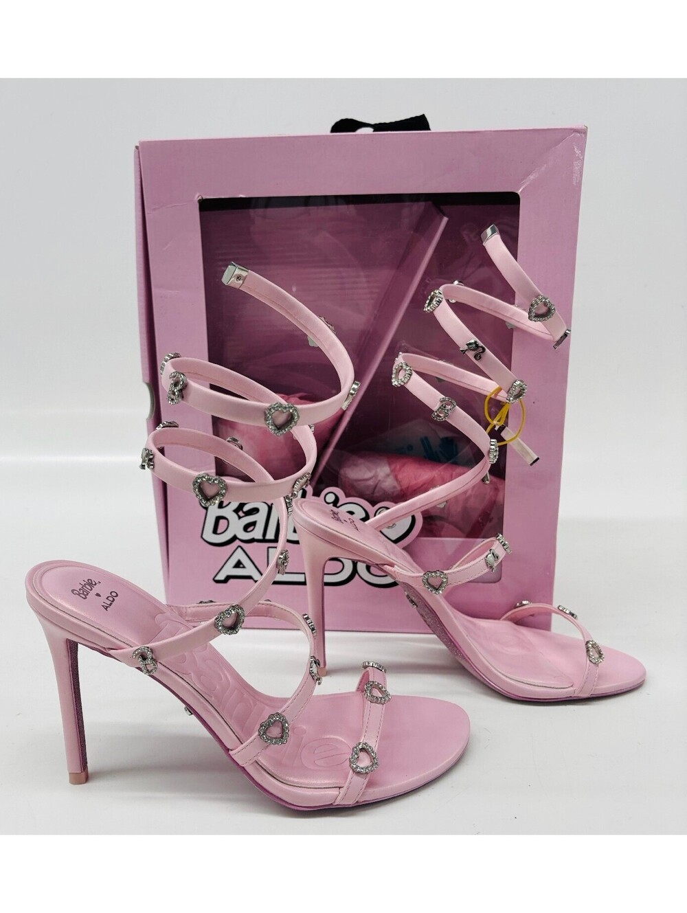 ALDO x Barbie Runway Pink Heels Sandals Rhinestone Hearts US 8 Limited Edition
